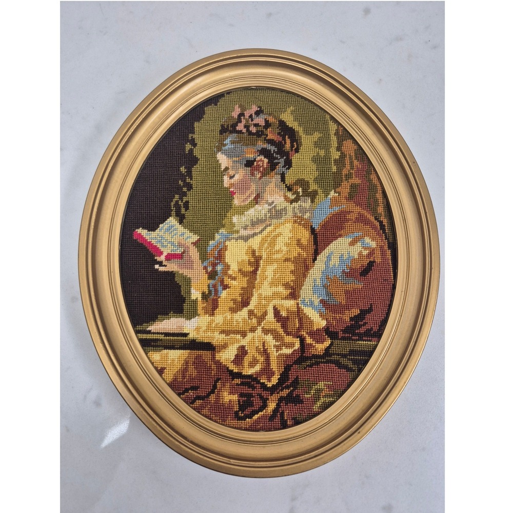 Vintage Needlepoint Woman Reading Book Oval Gold Frame Cottagecore Wall Art